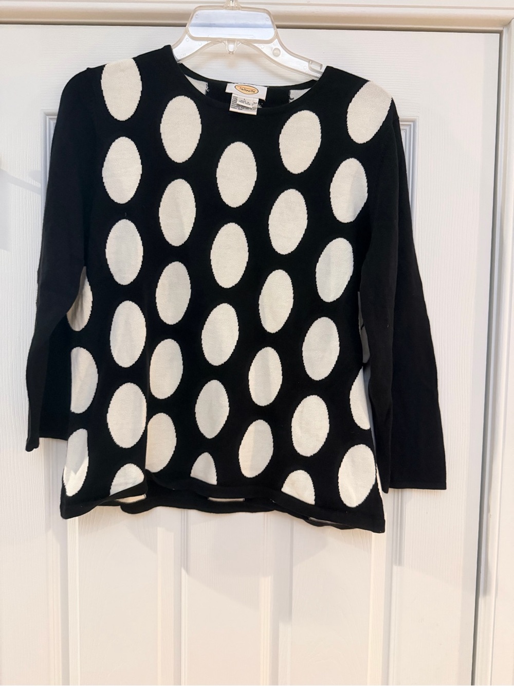 Ladies Size Large "Talbots" Black & White Polka Dot Long Sleeve Sweater Shirt GC